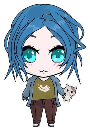 A blue-haired chibi carrying a tiny cat