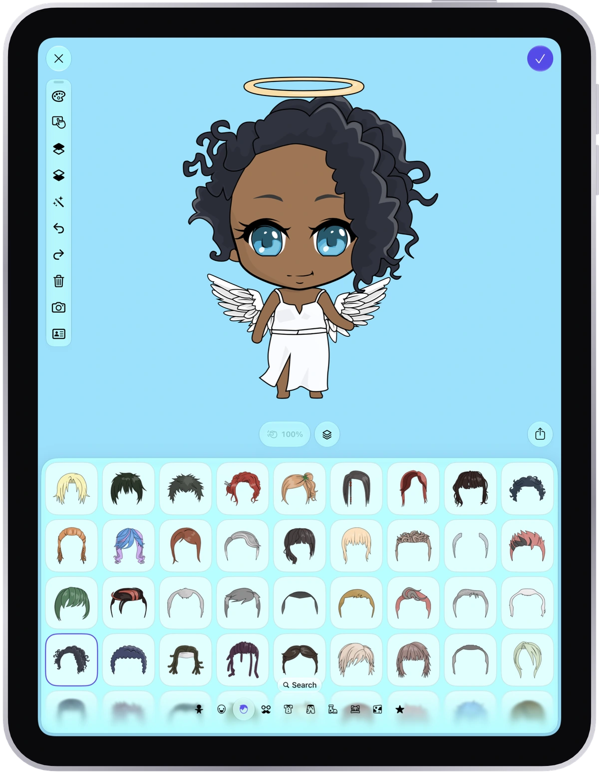 The redesigned ChibiStudio editor on iPad, with a curly-haired angel chibi, a large canvas, and a hairstyle drawer