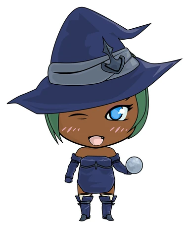 A chibi wearing a blue witch hat